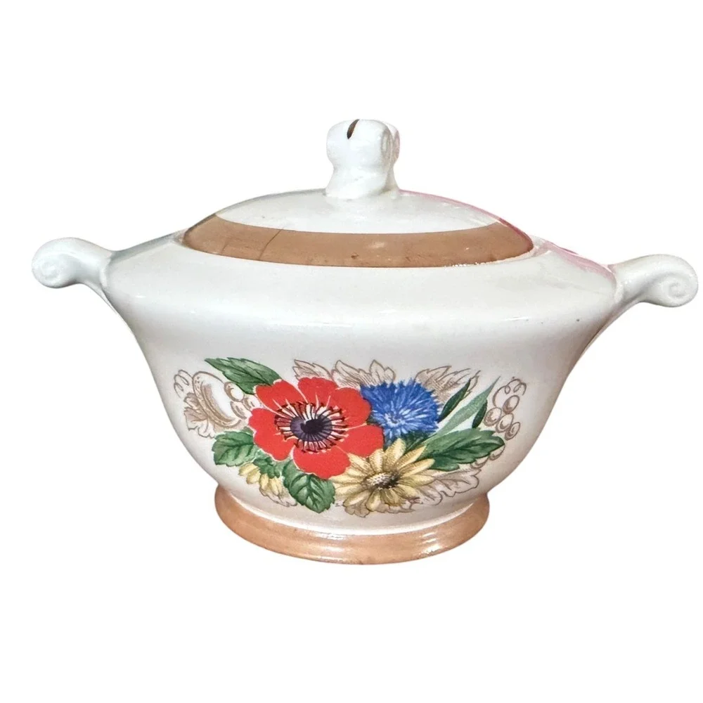 Vintage 1948 Edwin M Knowles Floral Creamer Sugar Bowl Set USA Cottagecore
